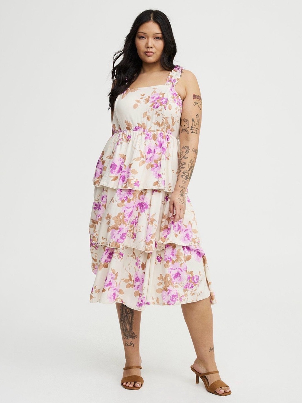 torrid Cream Midi Dress with Pink Floral Print